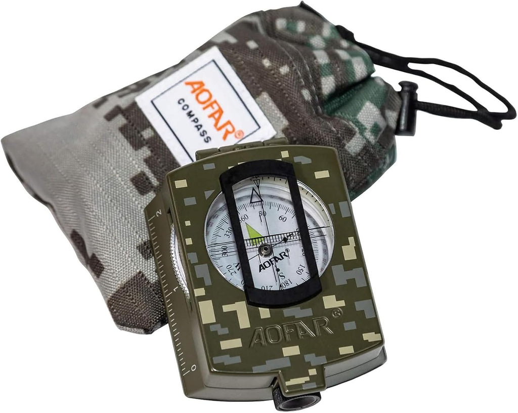 Military Compass AF-4580 Lensatic Sighting Navigation, Waterproof, and Shakeproof with Map Measurer Distance Calculator, Pouch for Camping, Hiking, Hunting, Backpacking (Camo)
