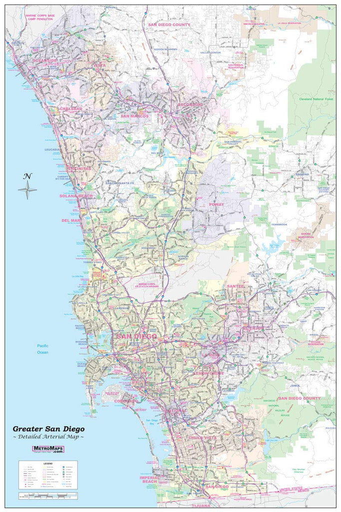 Greater SAN DIEGO California Wall Map Plain *Laminated* SMALL 24"×36" - Wide World Maps & MORE!