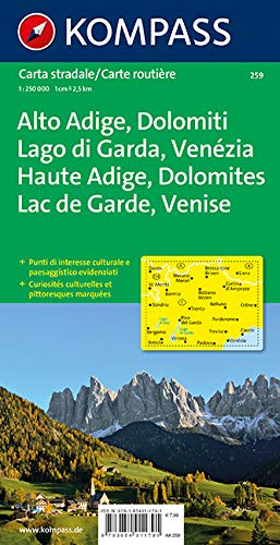 Südtirol - Dolomiten - Gardasee - Venedig 1 : 250 000: Kulturelle und landschaftliche Highlights markiert / Cultural and scenic highlights marked on map - Wide World Maps & MORE!