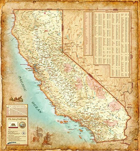 Antique Style CALIFORNIA Wall Map *Laminated* 36"x39" Beautiful - Wide World Maps & MORE! - Map - CompArt Maps - Wide World Maps & MORE!