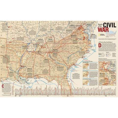 Battles of the Civil War - Laminated - 36"W × 23"H - Wide World Maps & MORE!