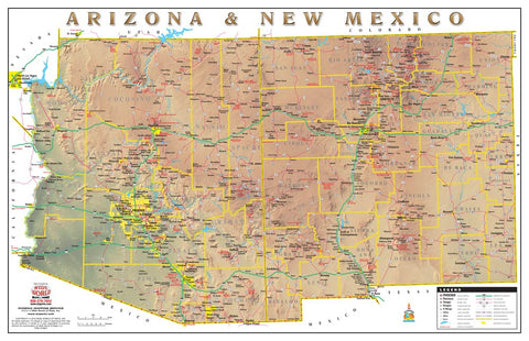Arizona & New Mexico Physical Highways Wall Map Gloss Ready-to-Hang - Wide World Maps & MORE!