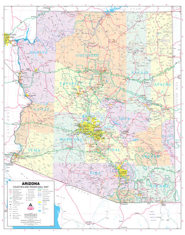 Arizona Counties and Roads Small Wall Map, Gloss Ready-to-Hang - Wide World Maps & MORE! - Map - Wide World Maps & MORE! - Wide World Maps & MORE!